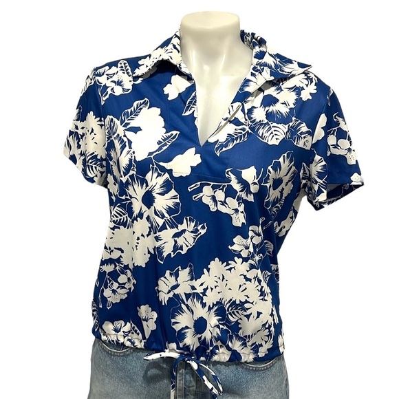 Ship n Shore vintage Hawaiian print v neck short sleeve collar shirt size 16 - Picture 1 of 6